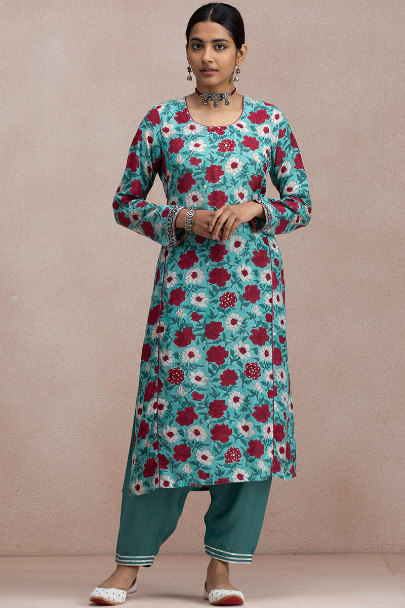 Turquoise Block Printed Straight Modal Kurta