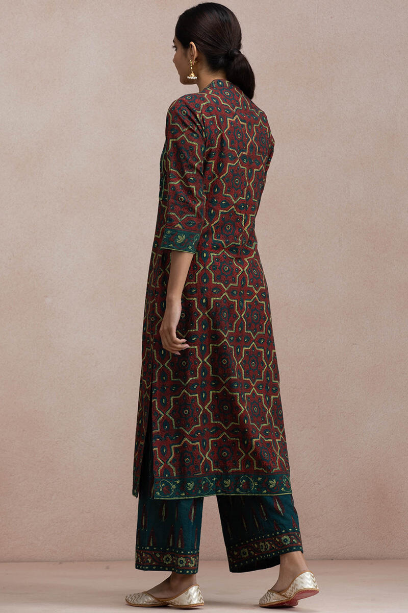 Maroon Block Printed Straight Cotton Kurta