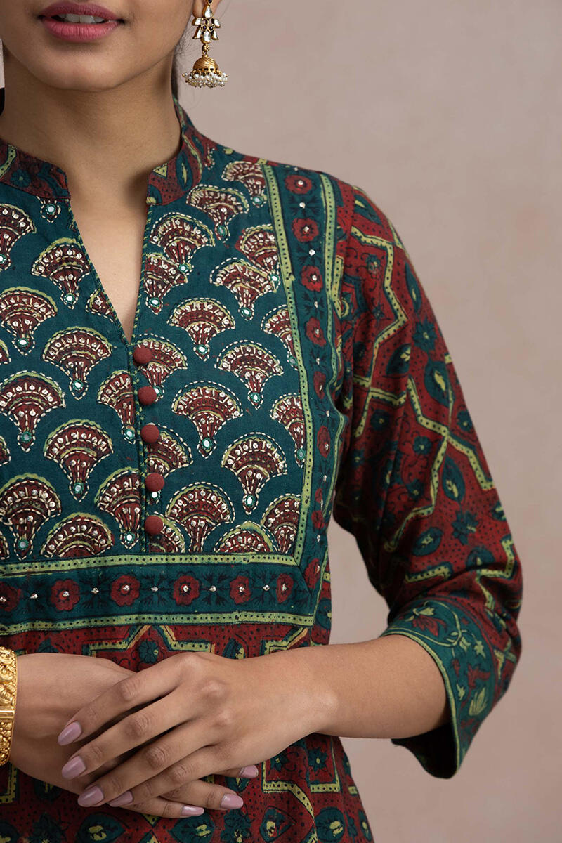 Maroon Block Printed Straight Cotton Kurta