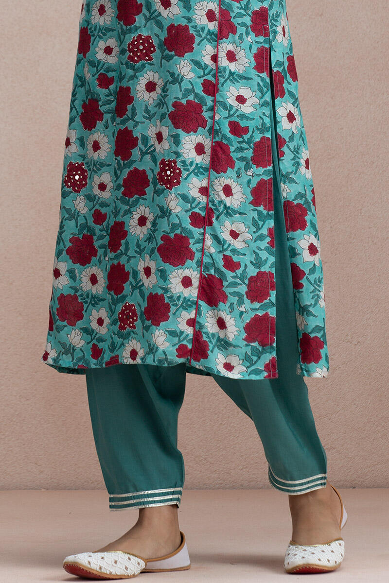 Turquoise Block Printed Straight Modal Kurta