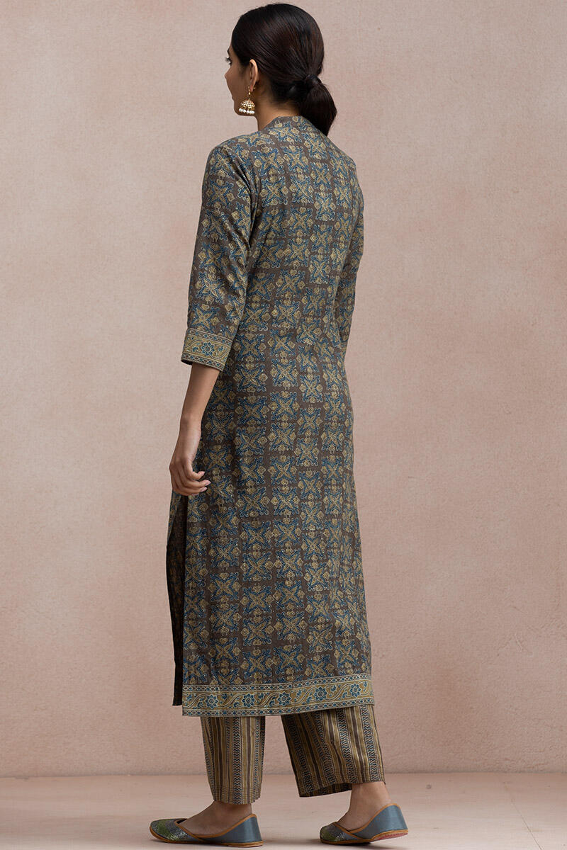 Brown Block Printed Straight Cotton Kurta