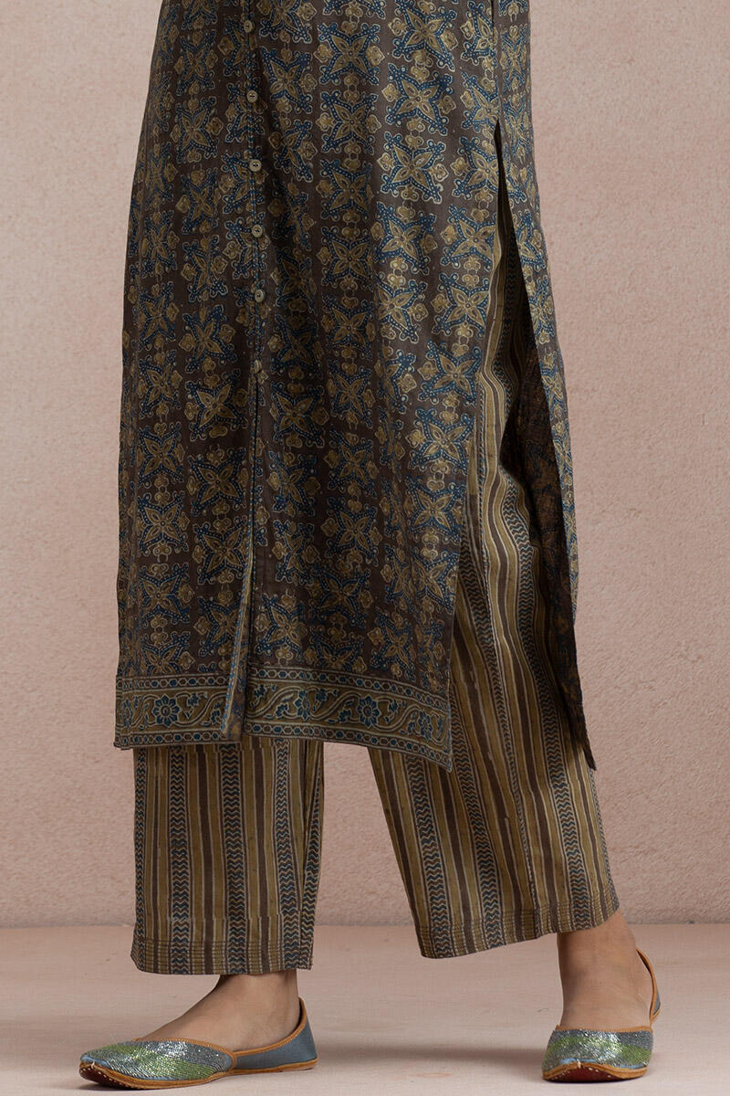 Brown Block Printed Straight Cotton Kurta