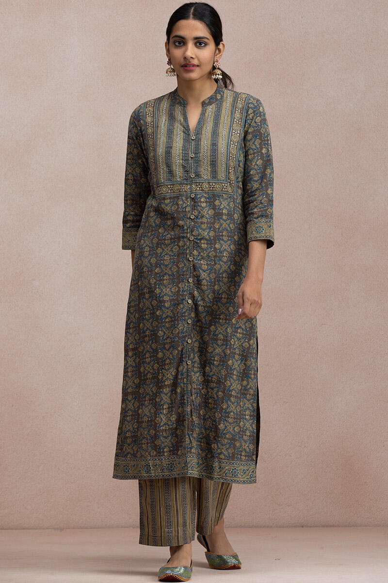 Brown Block Printed Straight Cotton Kurta