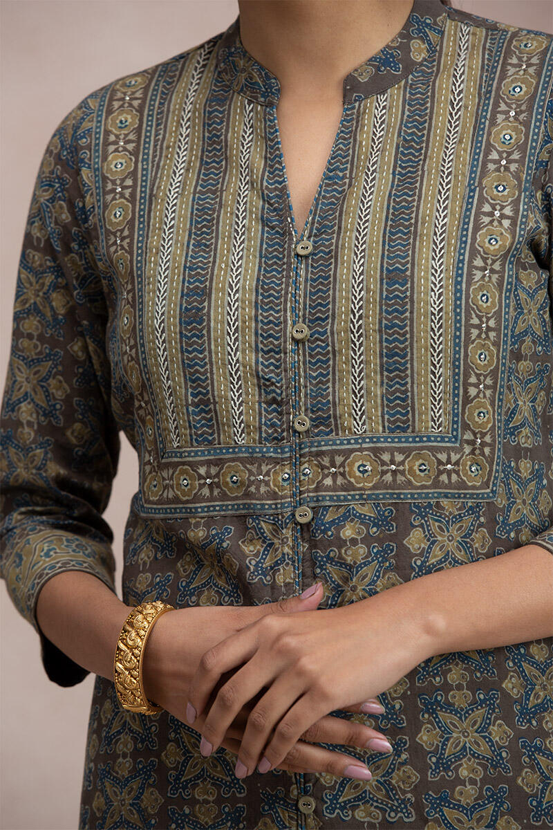 Brown Block Printed Straight Cotton Kurta