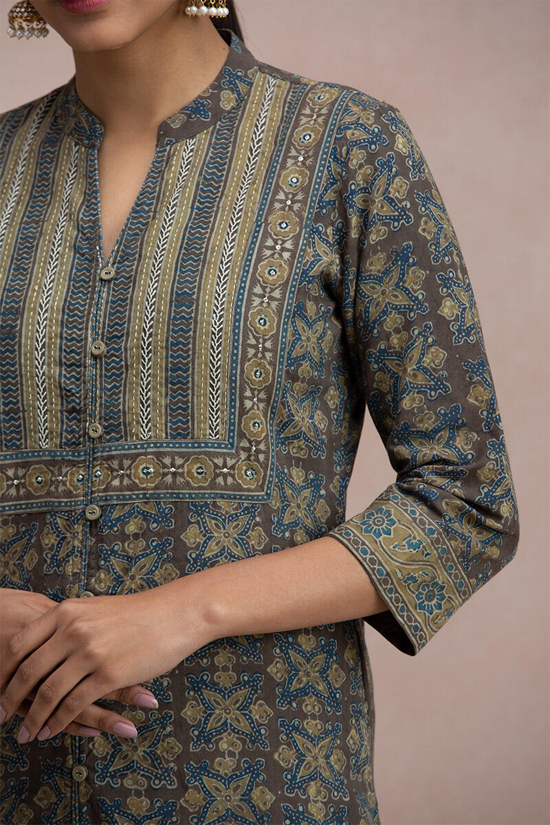 Brown Block Printed Straight Cotton Kurta