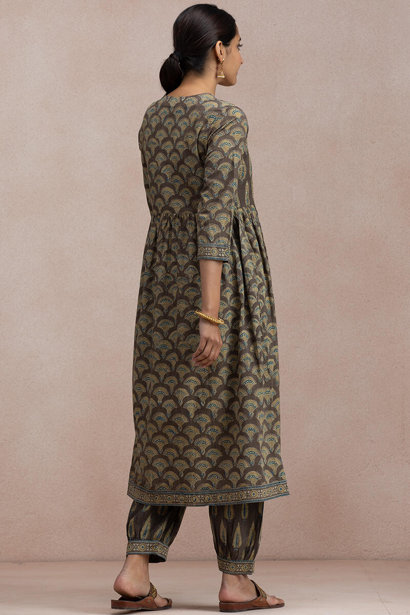 Brown Block Printed A-Line Cotton Kurta