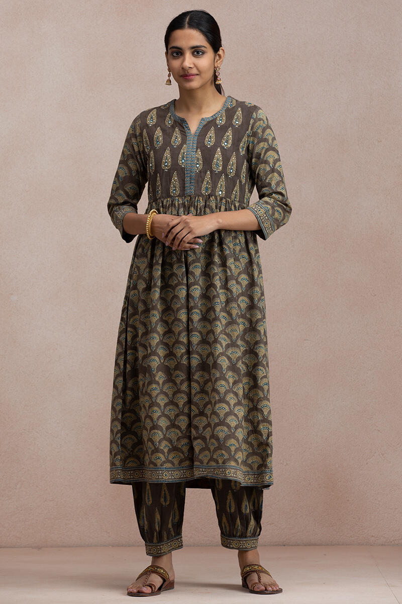 Brown Block Printed A-Line Cotton Kurta