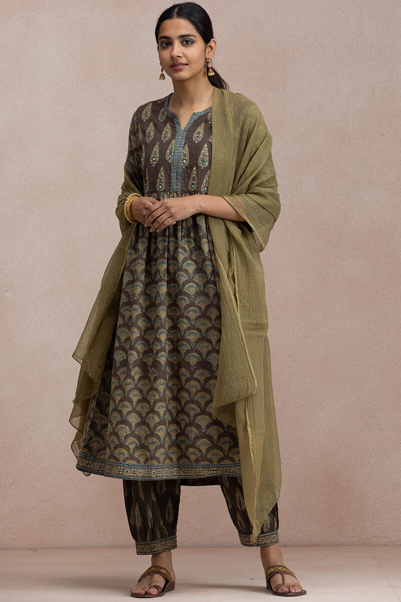 Brown Block Printed A-Line Cotton Kurta