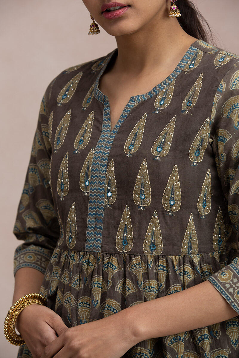 Brown Block Printed A-Line Cotton Kurta