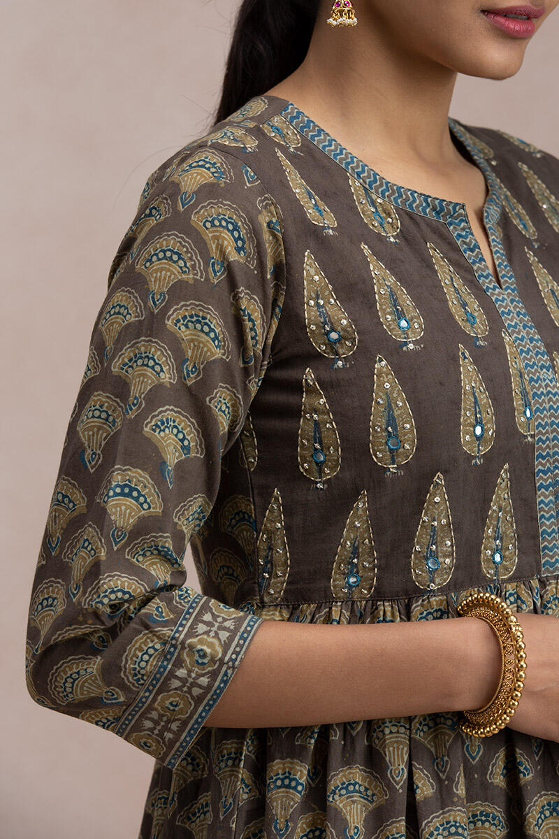 Brown Block Printed A-Line Cotton Kurta