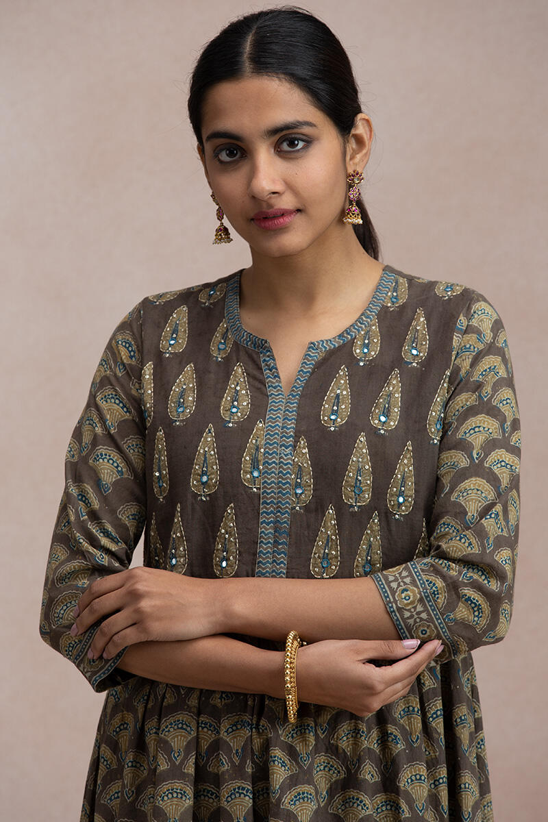 Brown Block Printed A-Line Cotton Kurta