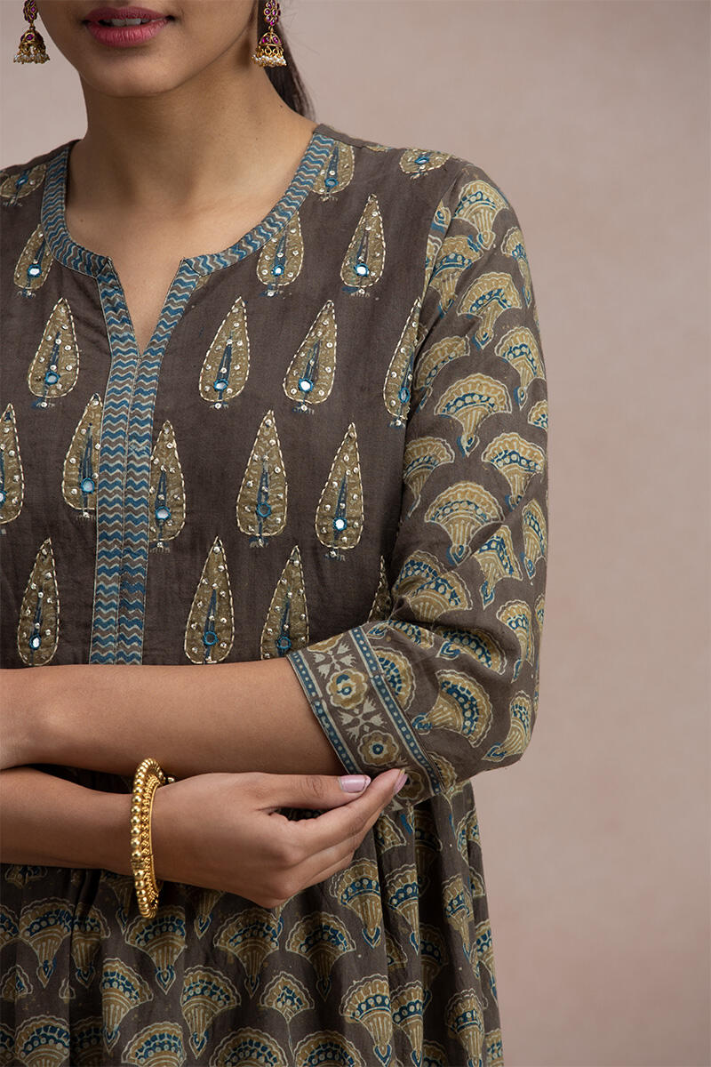 Brown Block Printed A-Line Cotton Kurta