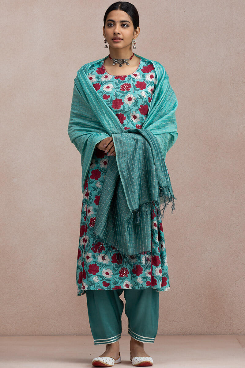 Turquoise Block Printed Straight Modal Kurta