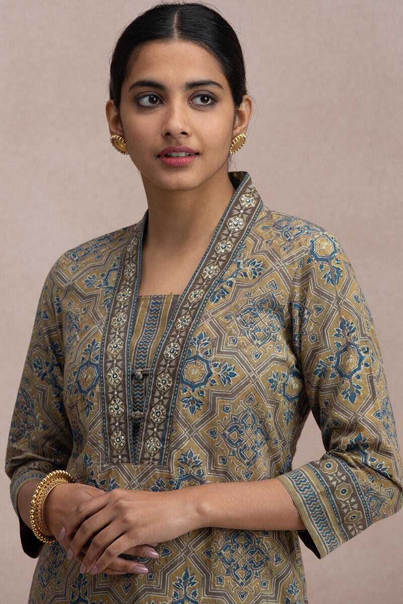 Brown Block Printed Straight Cotton Kurta