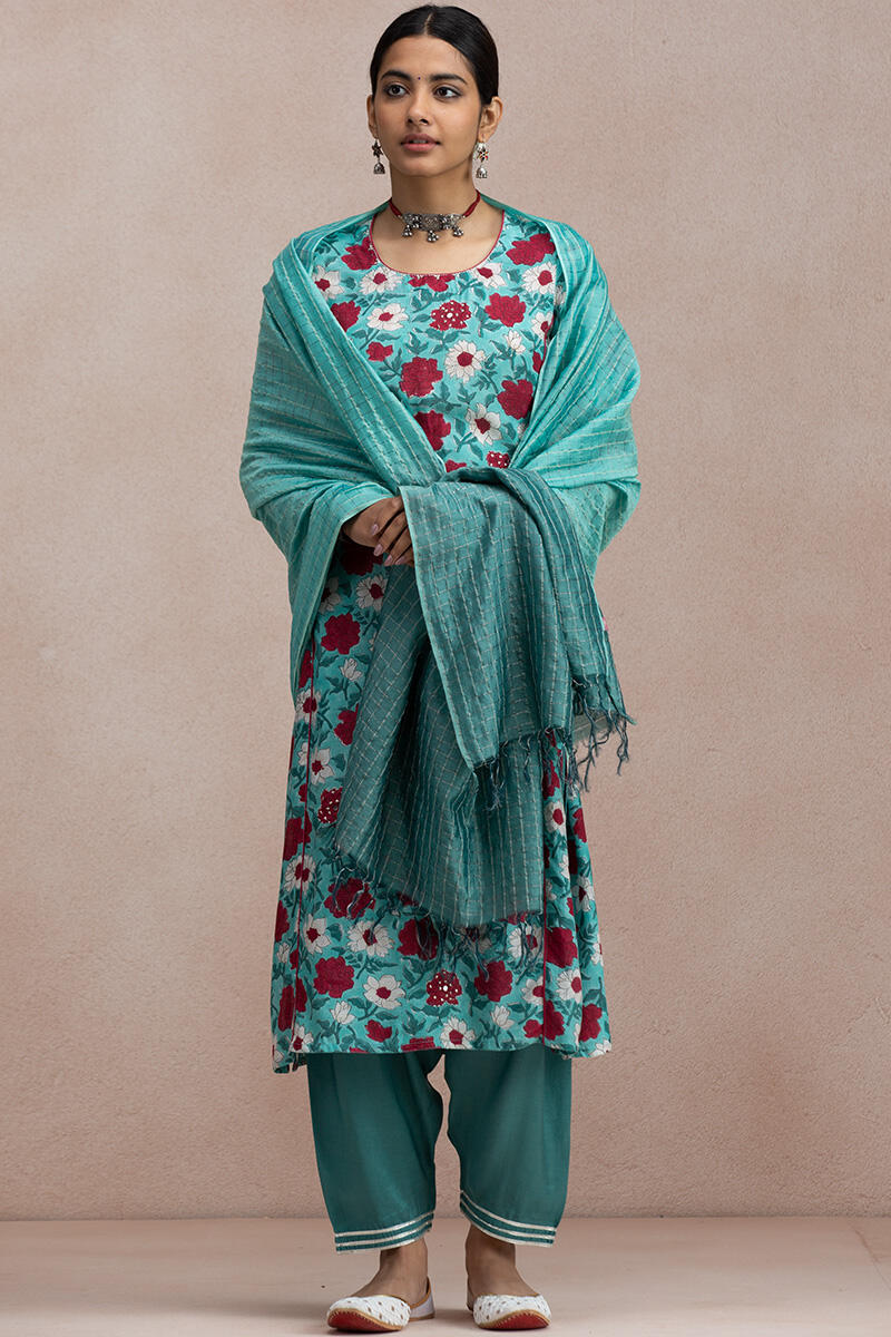 Turquoise Handcrafted Cotton Silk Dupatta