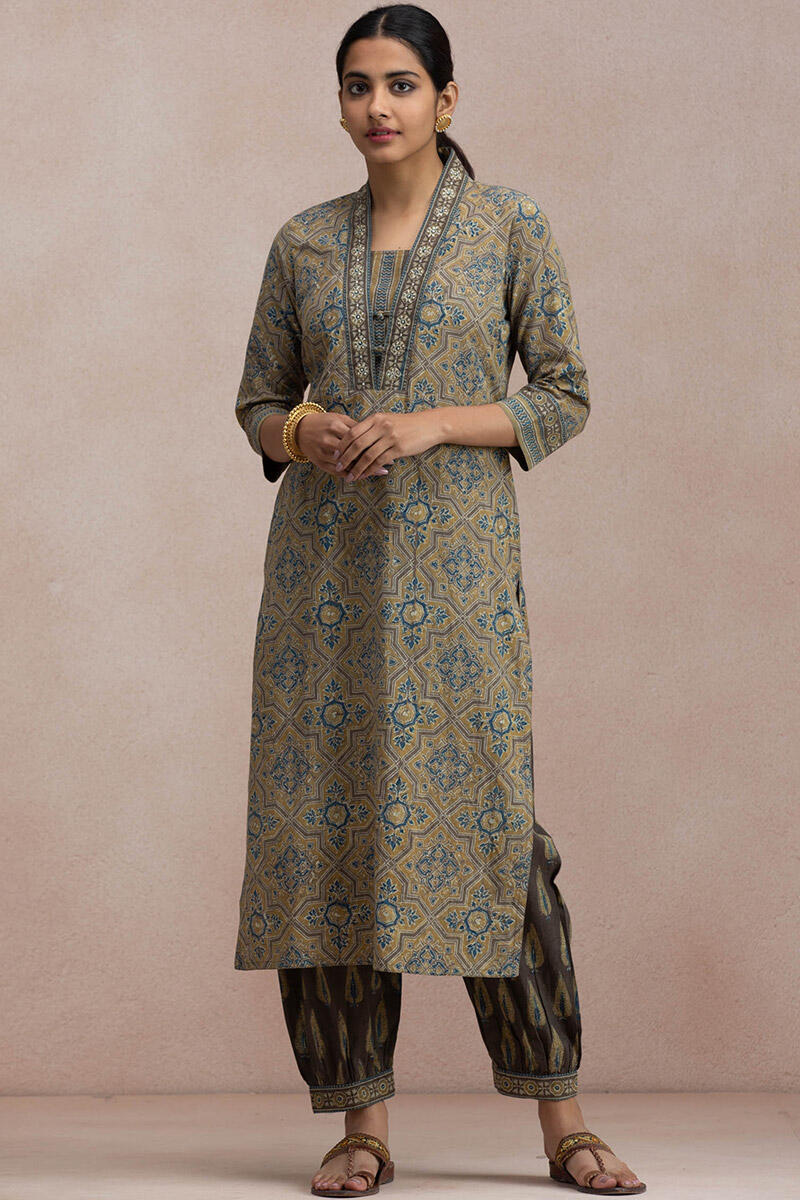 Brown Block Printed Straight Cotton Kurta