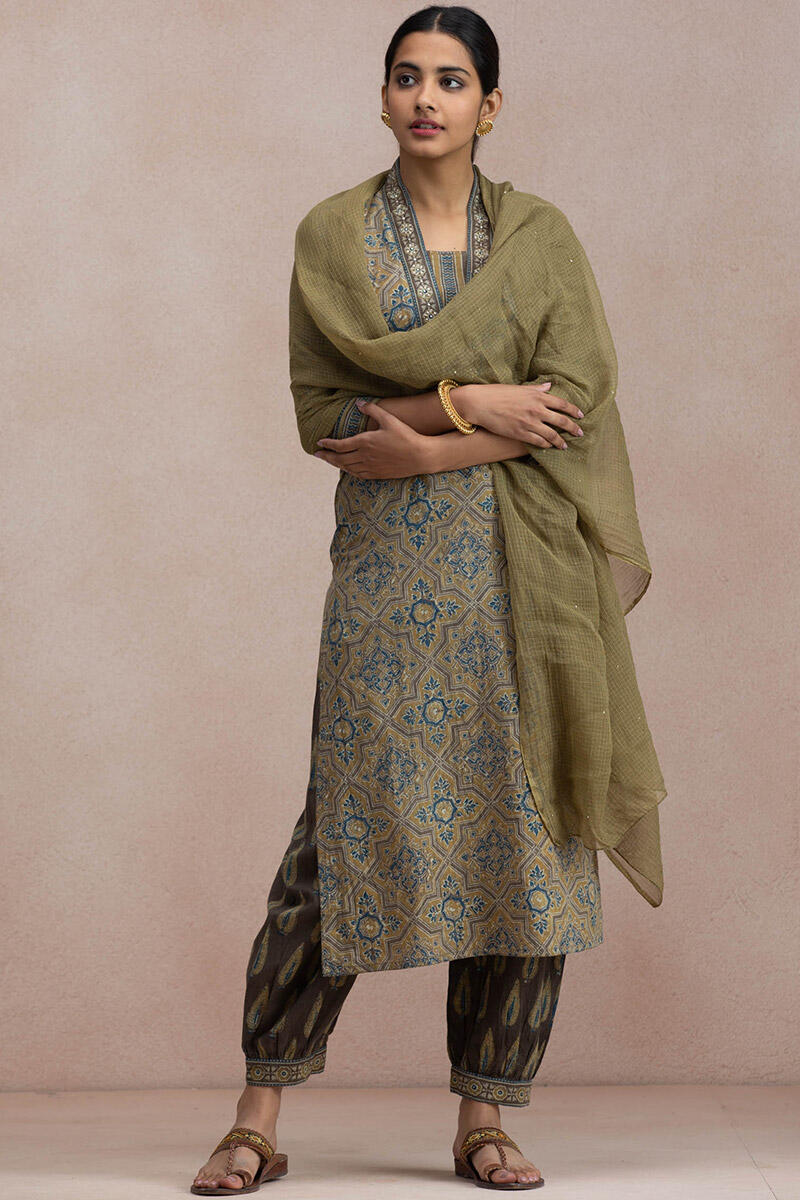 Brown Block Printed Straight Cotton Kurta