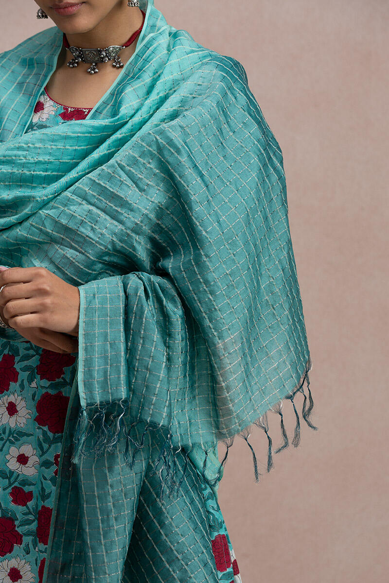 Turquoise Handcrafted Cotton Silk Dupatta