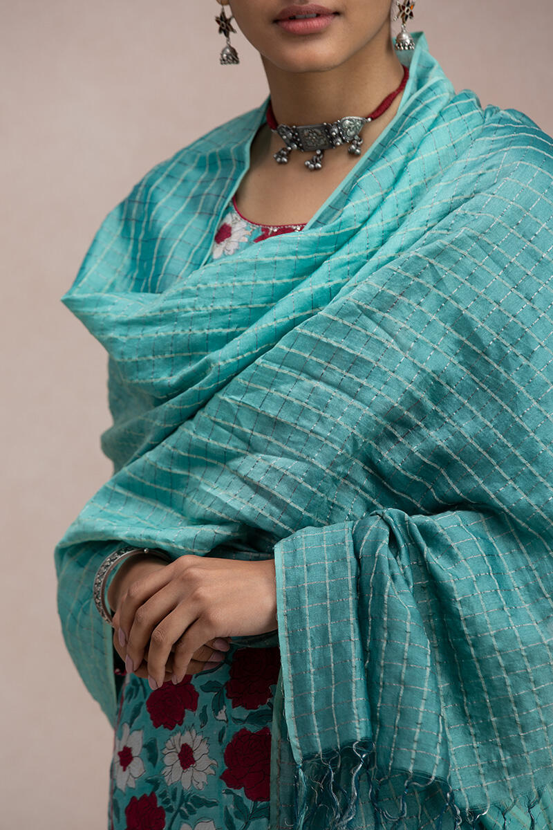 Turquoise Handcrafted Cotton Silk Dupatta