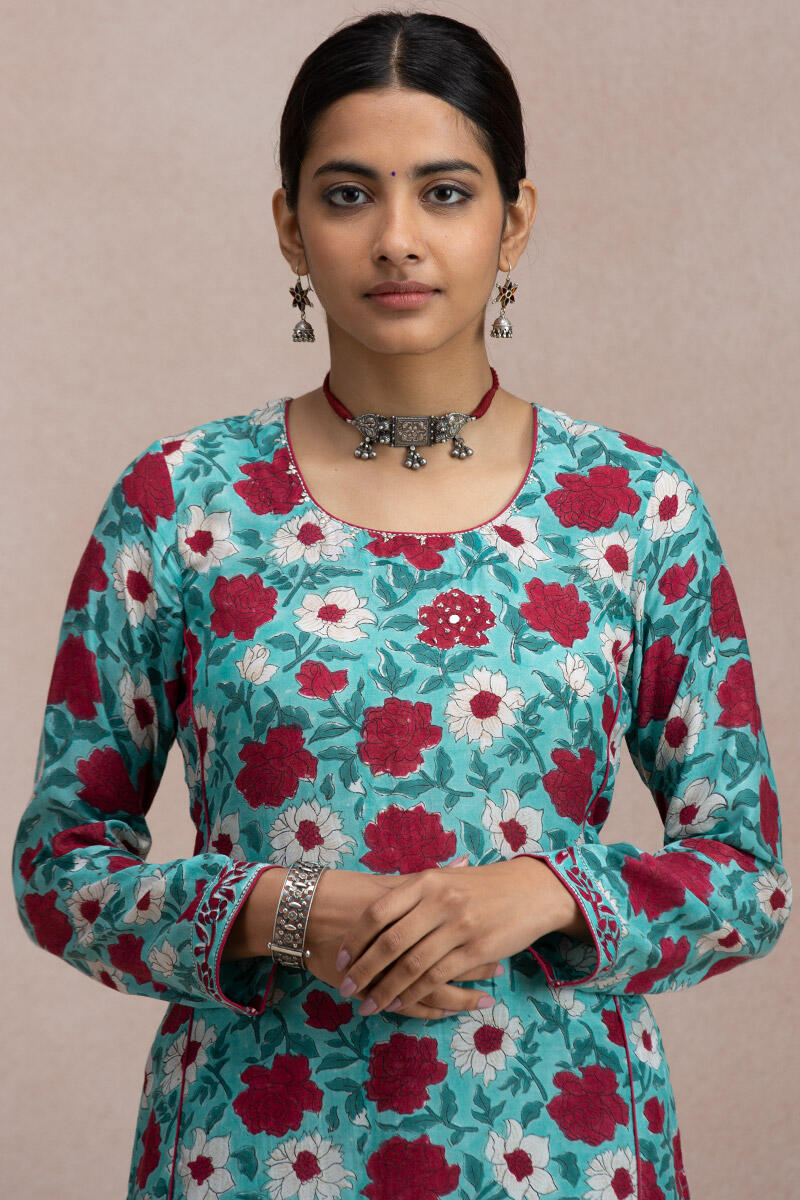 Turquoise Block Printed Straight Modal Kurta