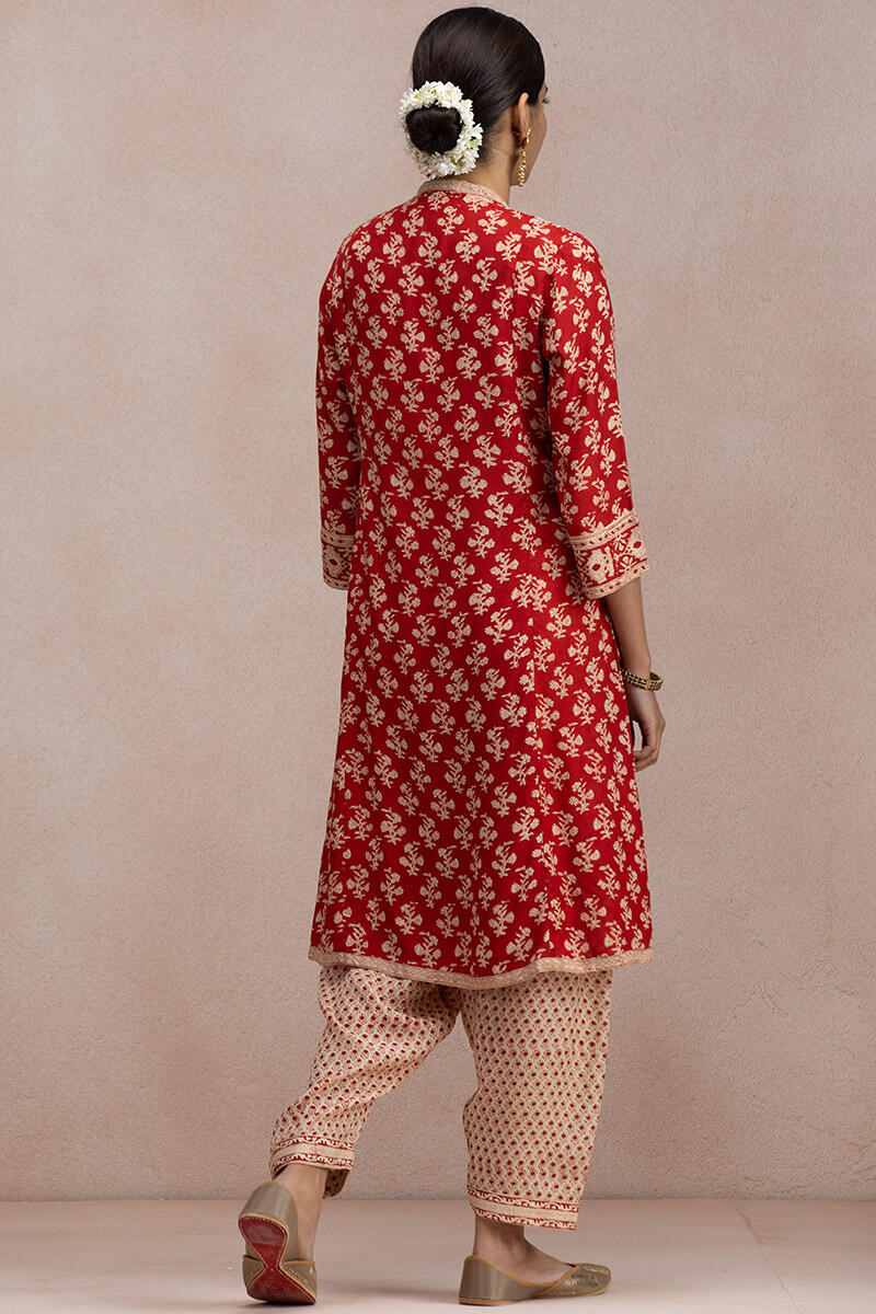 Red Block Printed A-Line Modal Kurta