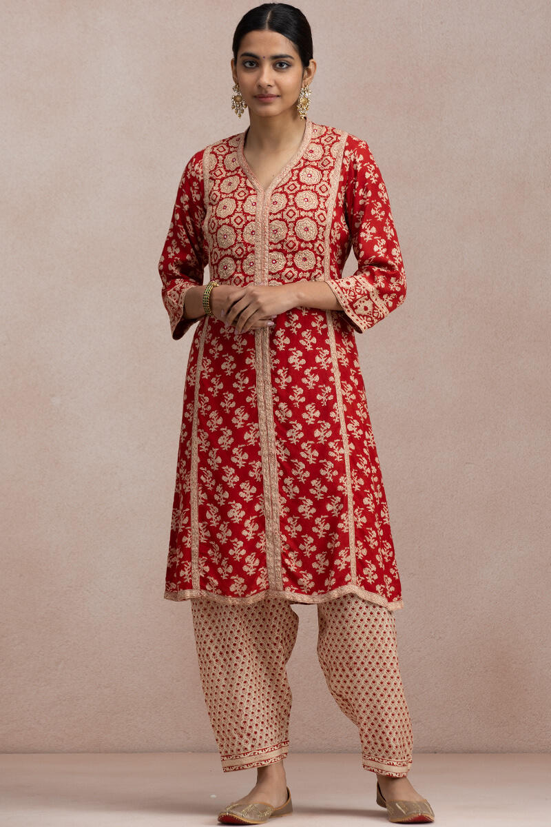 Red Block Printed A-Line Modal Kurta