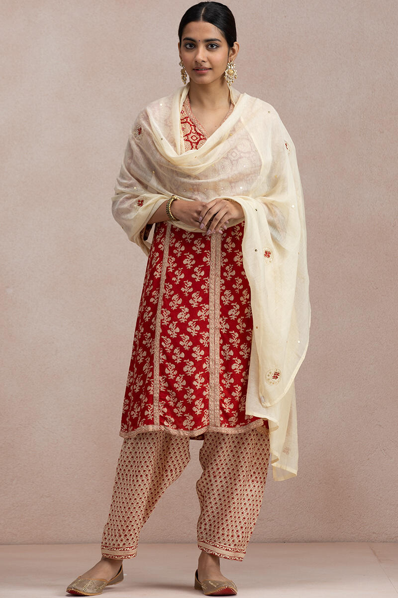 Red Block Printed A-Line Modal Kurta