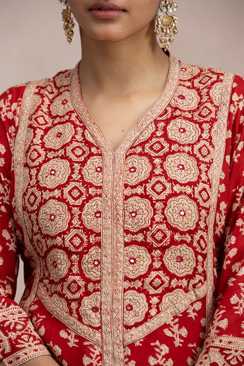 Red Block Printed A-Line Modal Kurta