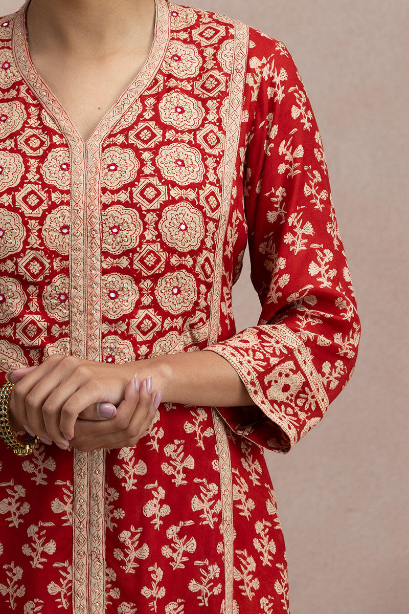 Red Block Printed A-Line Modal Kurta