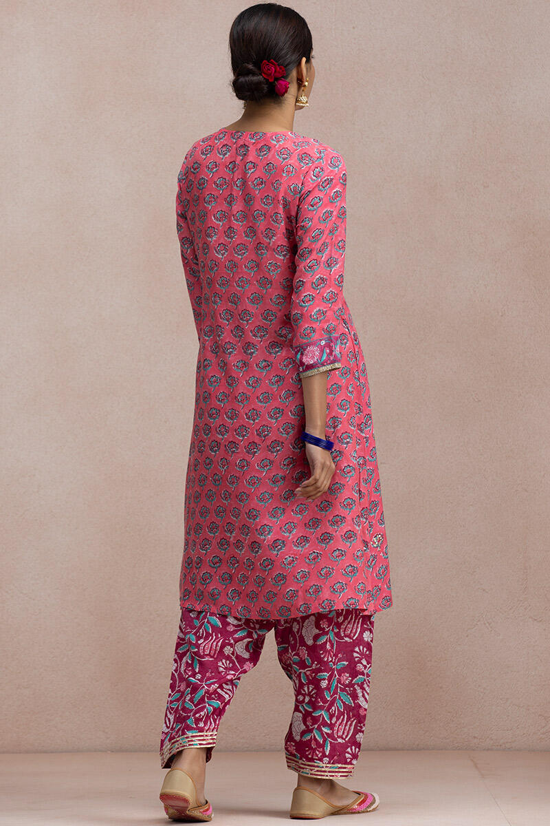 Pink Block Printed A-Line Modal Kurta