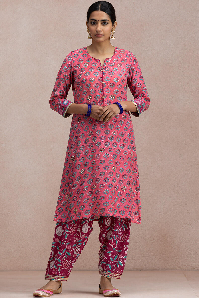 Pink Block Printed A-Line Modal Kurta