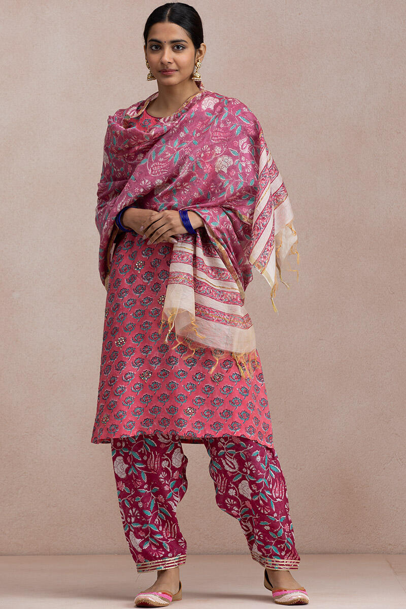 Pink Block Printed A-Line Modal Kurta