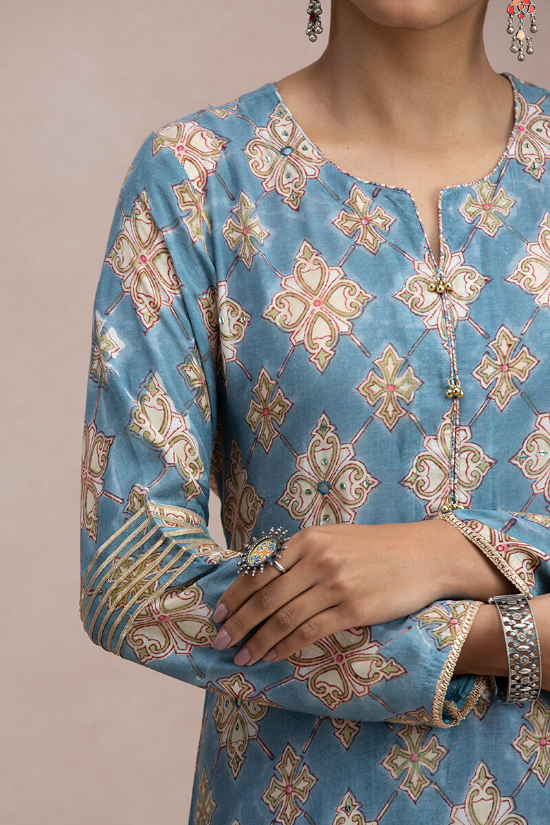 Blue Block Printed A-Line Modal Kurta