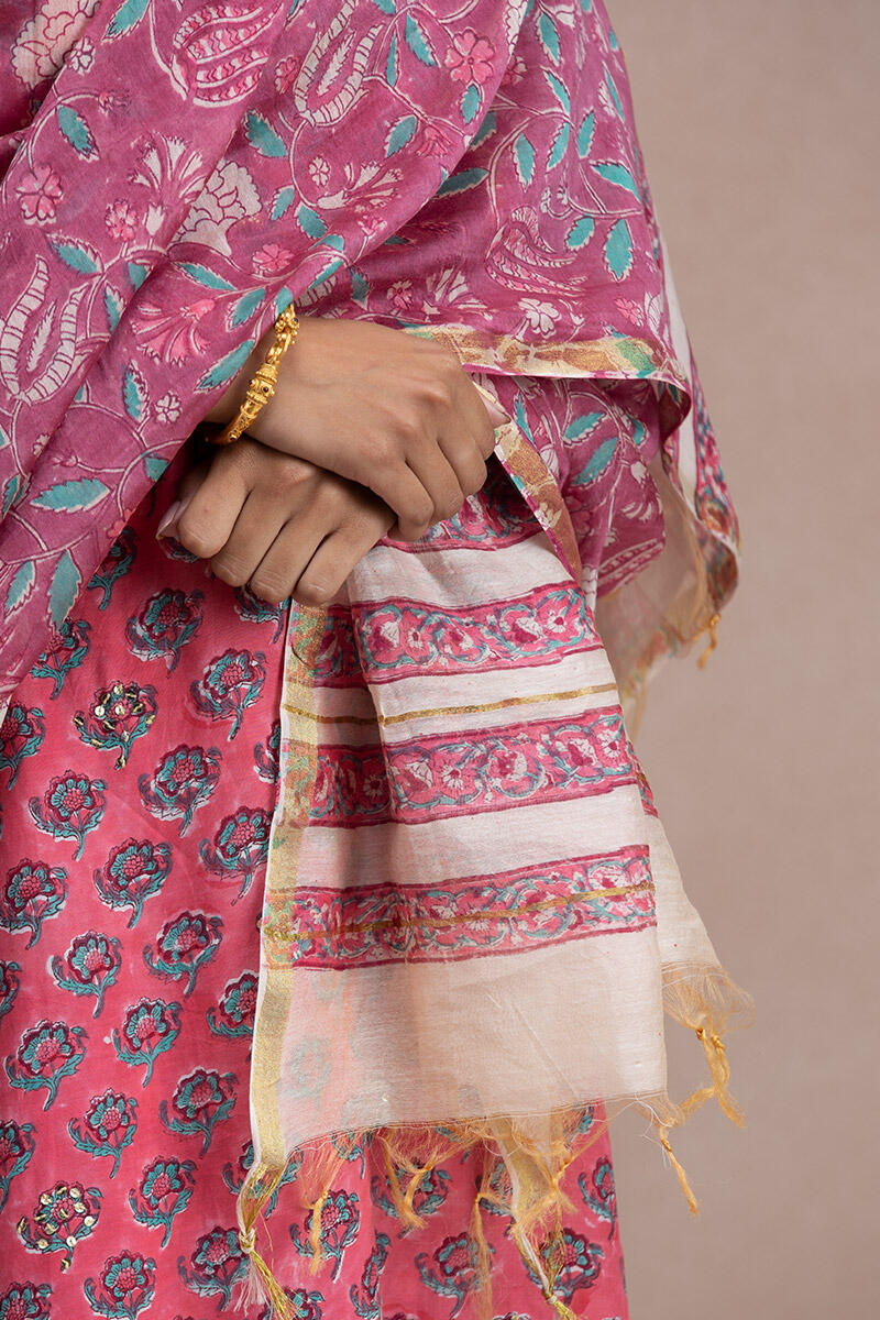 Purple Block Printed Chanderi Dupatta