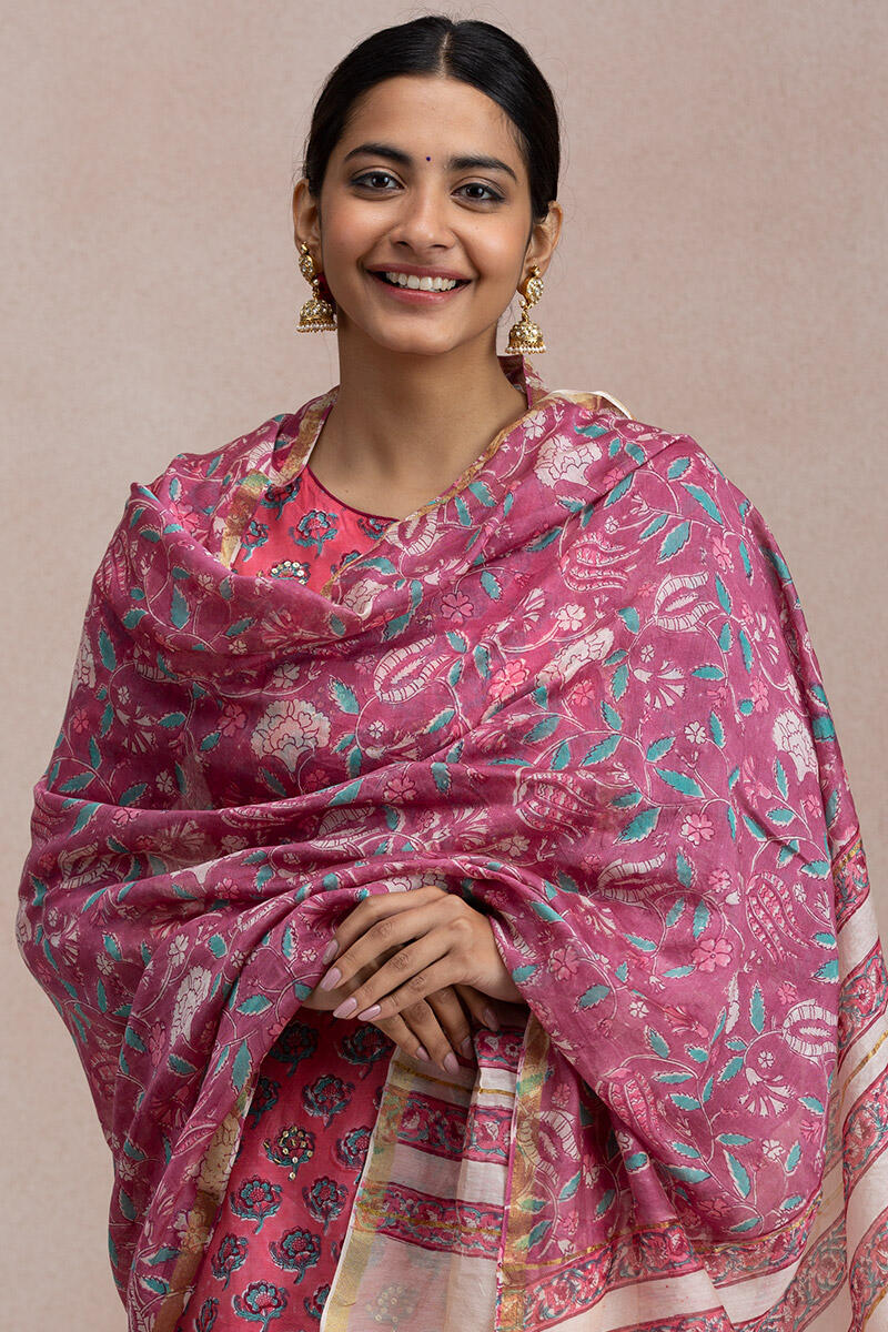 Purple Block Printed Chanderi Dupatta