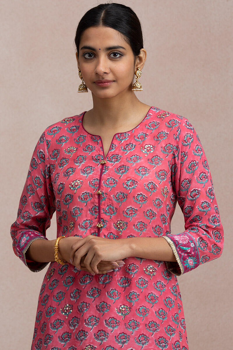 Pink Block Printed A-Line Modal Kurta