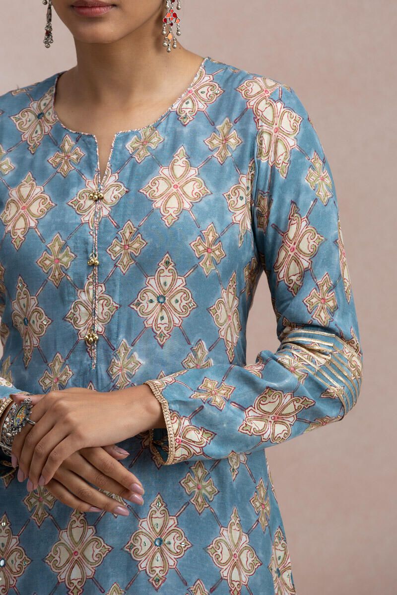 Blue Block Printed A-Line Modal Kurta