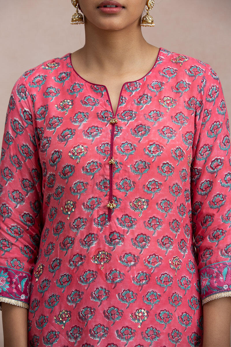 Pink Block Printed A-Line Modal Kurta