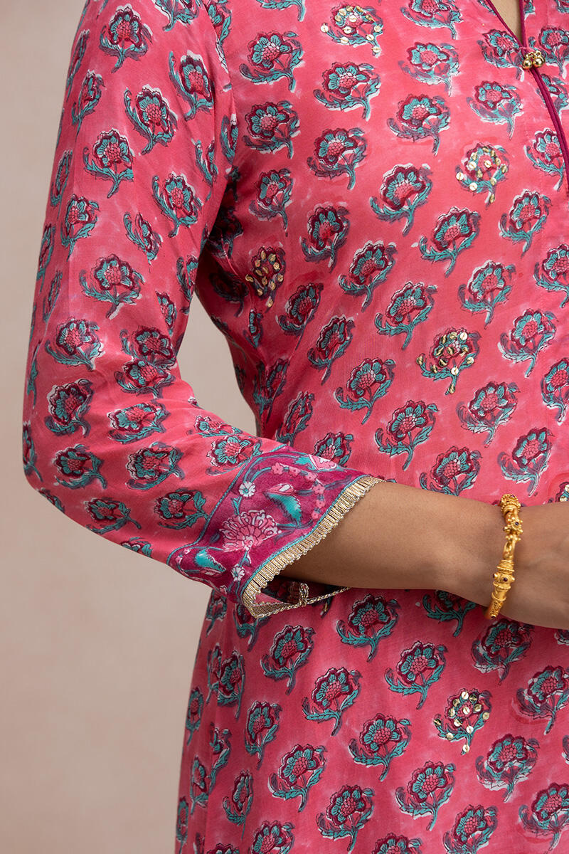 Pink Block Printed A-Line Modal Kurta