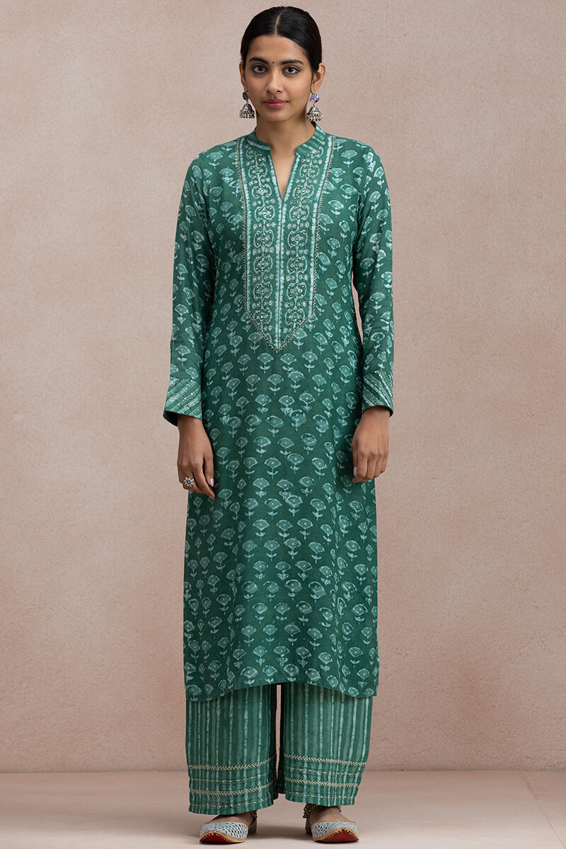 Green Block Printed Straight Modal Kurta