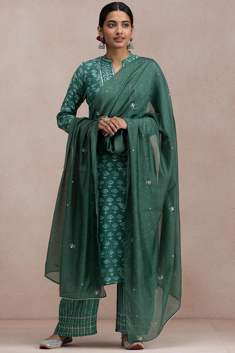 Green Block Printed Straight Modal Kurta