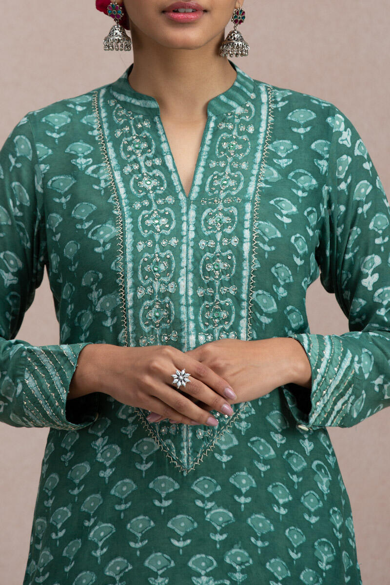 Green Block Printed Straight Modal Kurta