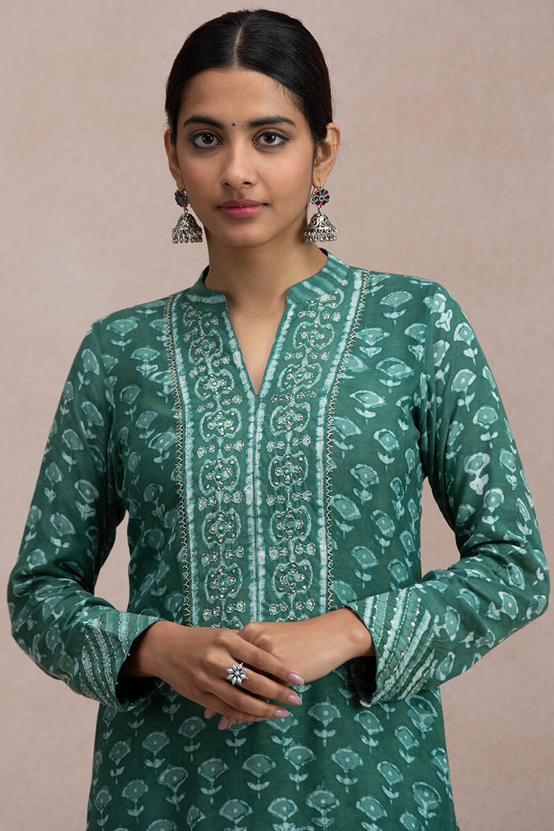 Green Block Printed Straight Modal Kurta