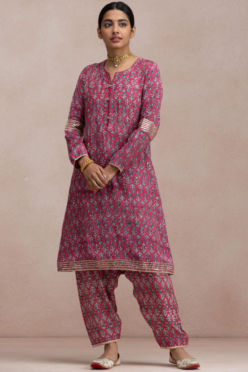 Maroon Block Printed A-Line Modal Kurta