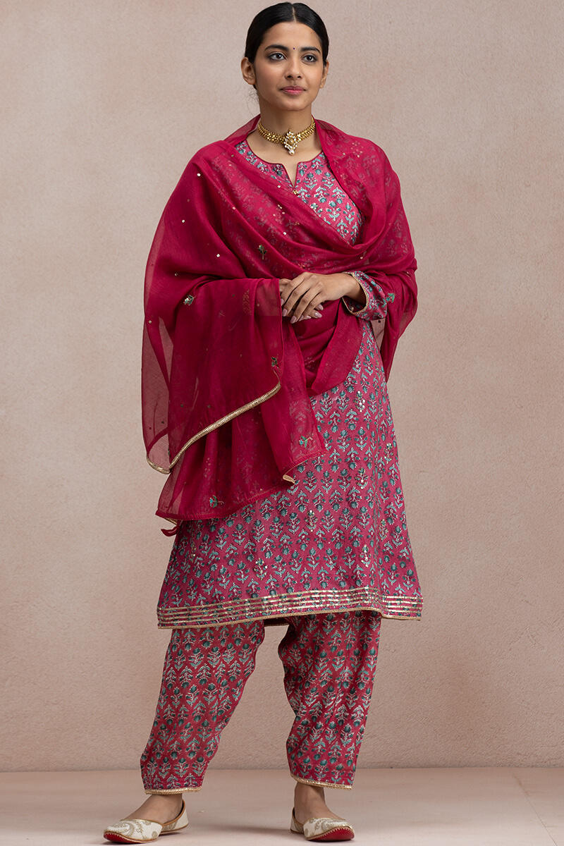 Maroon Block Printed A-Line Modal Kurta