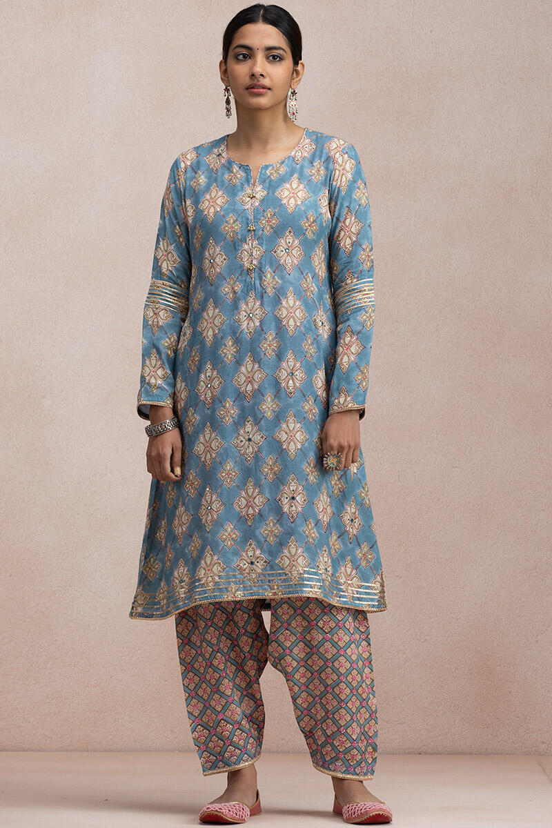 Blue Block Printed A-Line Modal Kurta