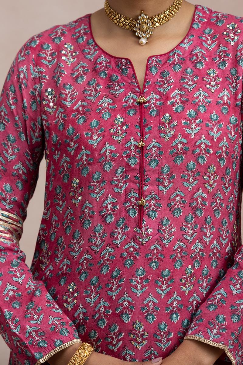 Maroon Block Printed A-Line Modal Kurta