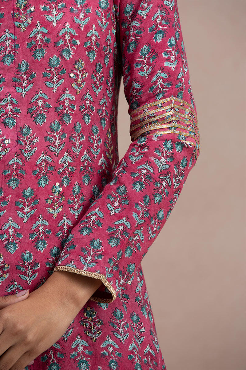 Maroon Block Printed A-Line Modal Kurta