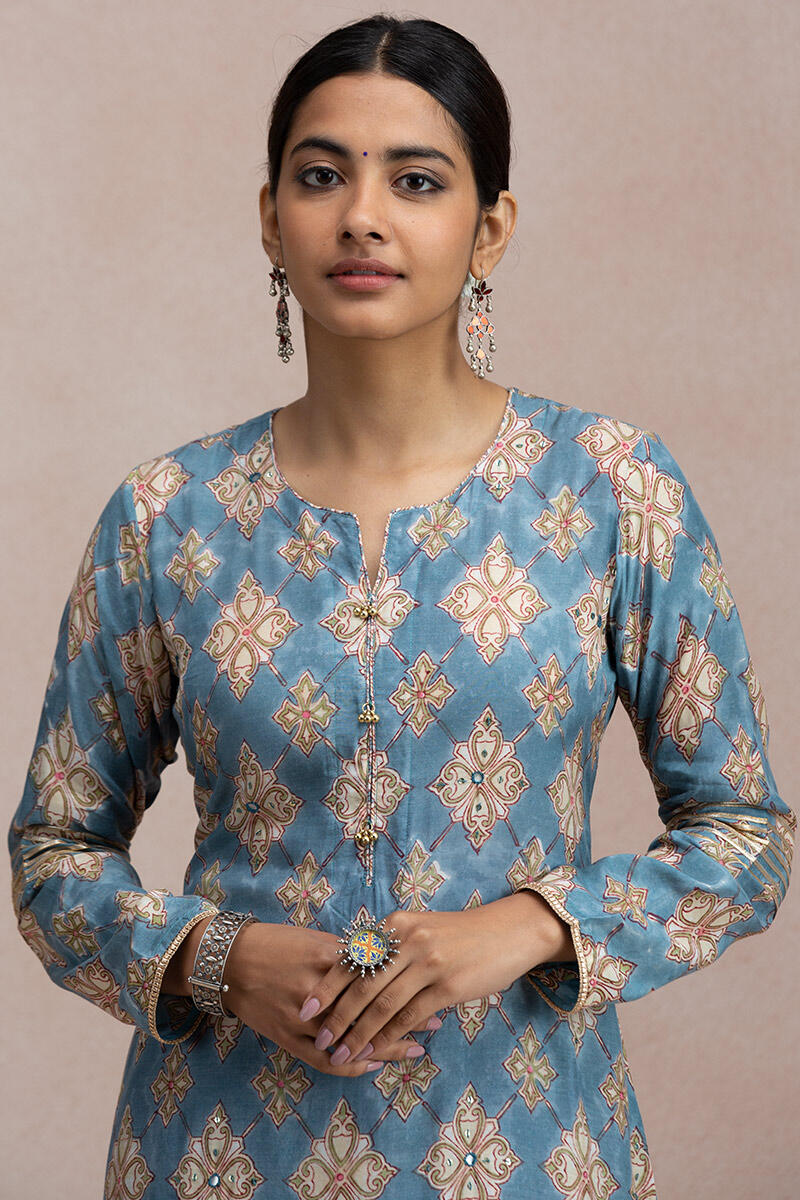 Blue Block Printed A-Line Modal Kurta