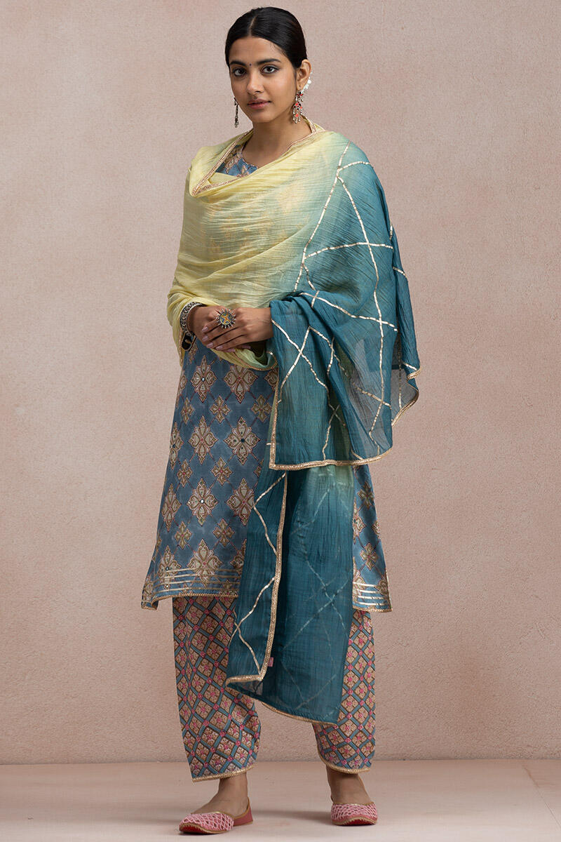 Blue Block Printed A-Line Modal Kurta